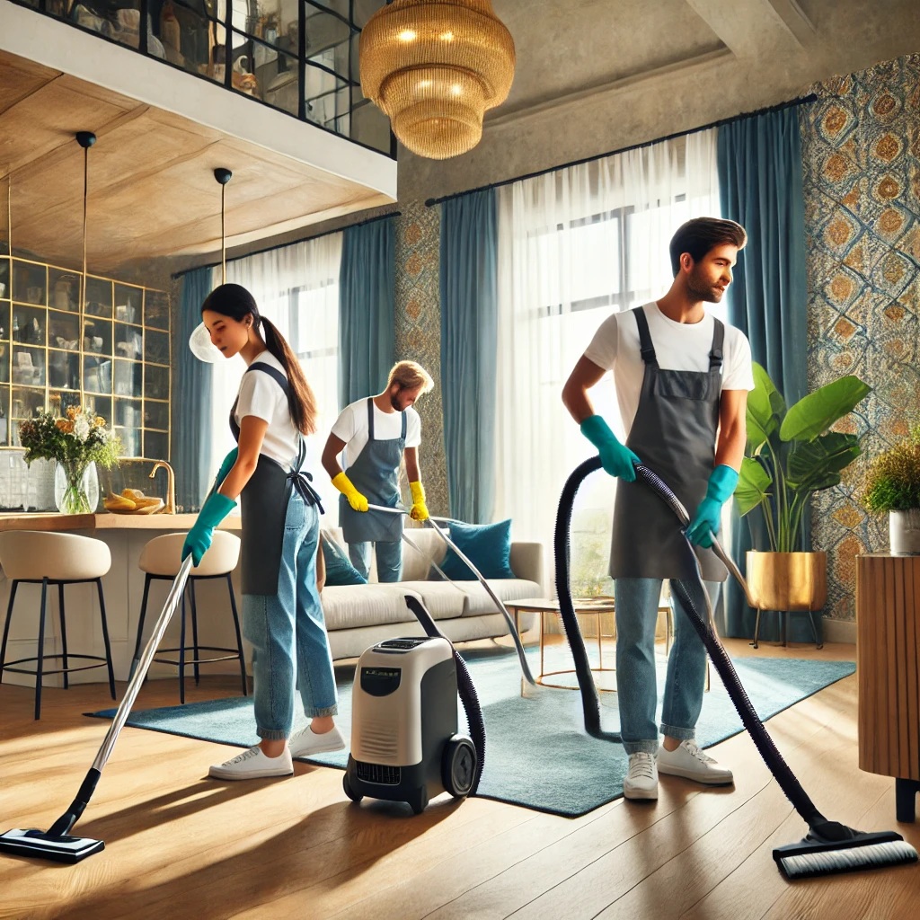 Illustration of a cleaning team in a home