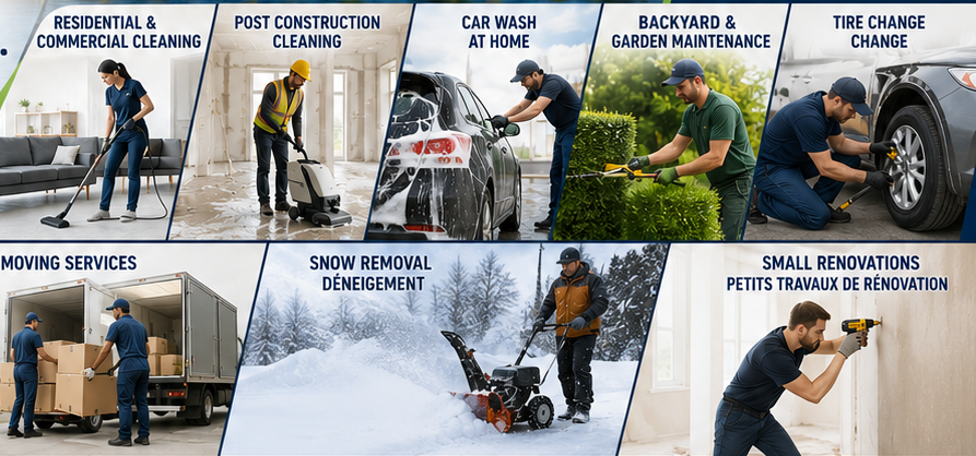 Ottawa Multiservices Group services: cleaning, post-construction cleaning, car wash, garden maintenance, tire change, moving, snow removal and small renovations